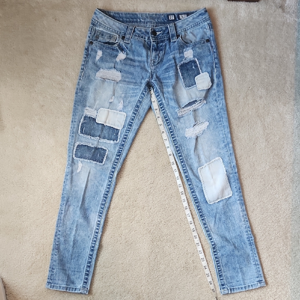 Miss Me Light Blue Distressed Patchwork Skinny Jeans